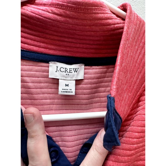 J Crew Quarter Snap Ribbed front Pocket Pullover (Women's M) Pink Navy EUC - Picture 3 of 8
